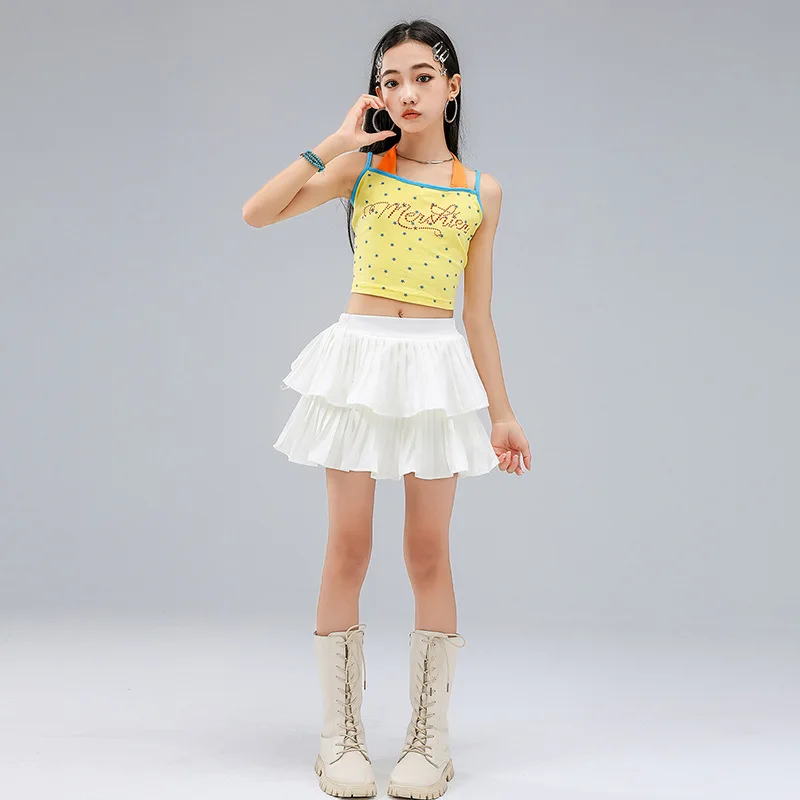 

Kid Kpop Hip Hop Clothing Yellow Blue Halter Crop Camisole Tank White Layered Pleated Skirt for Girl Jazz Dance Costumes Clothes