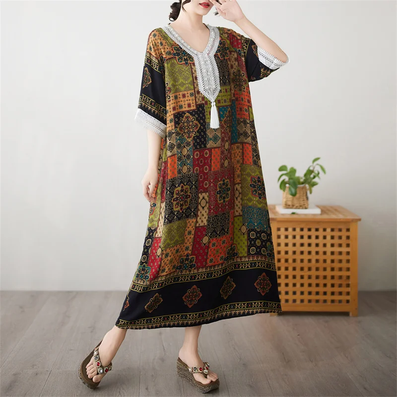 Boho Lace Cotton Linen Plaid Dress Women Robe Casual Vintage Ethnic Style Loose Beach Long Dress Maxi Summer Short Sleeve