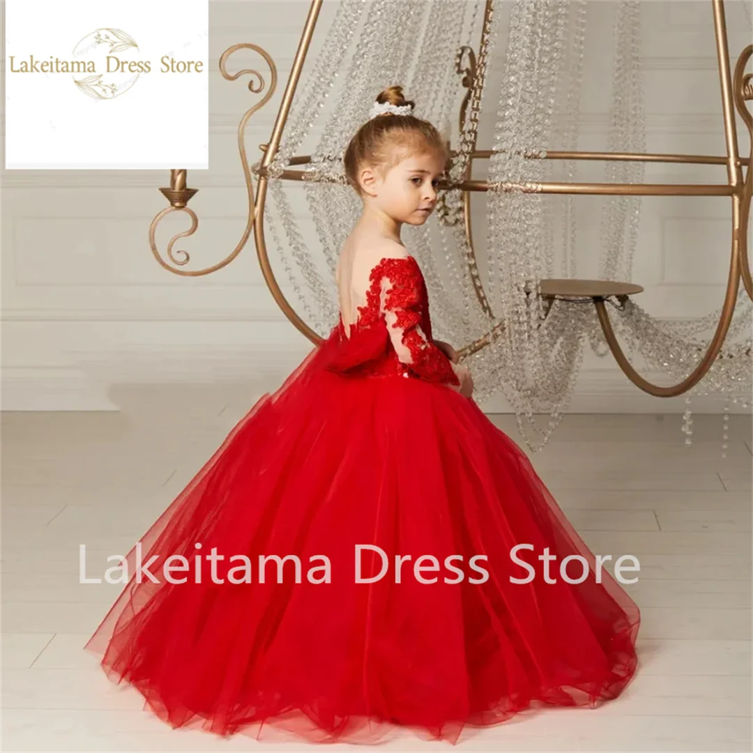 New Red Fluffy maniche lunghe Flower Girls Dresses Beautiful damigella d'onore Birthday Gown Lace Bow Prom Party Dresses