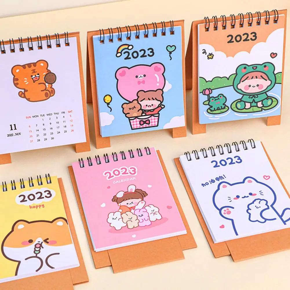 Mini calendario con patrón de dibujos animados, triángulos de giro de página suaves, horario Flexible, no es fácil de romper, 2022-2023, Mini Calendario de escritorio