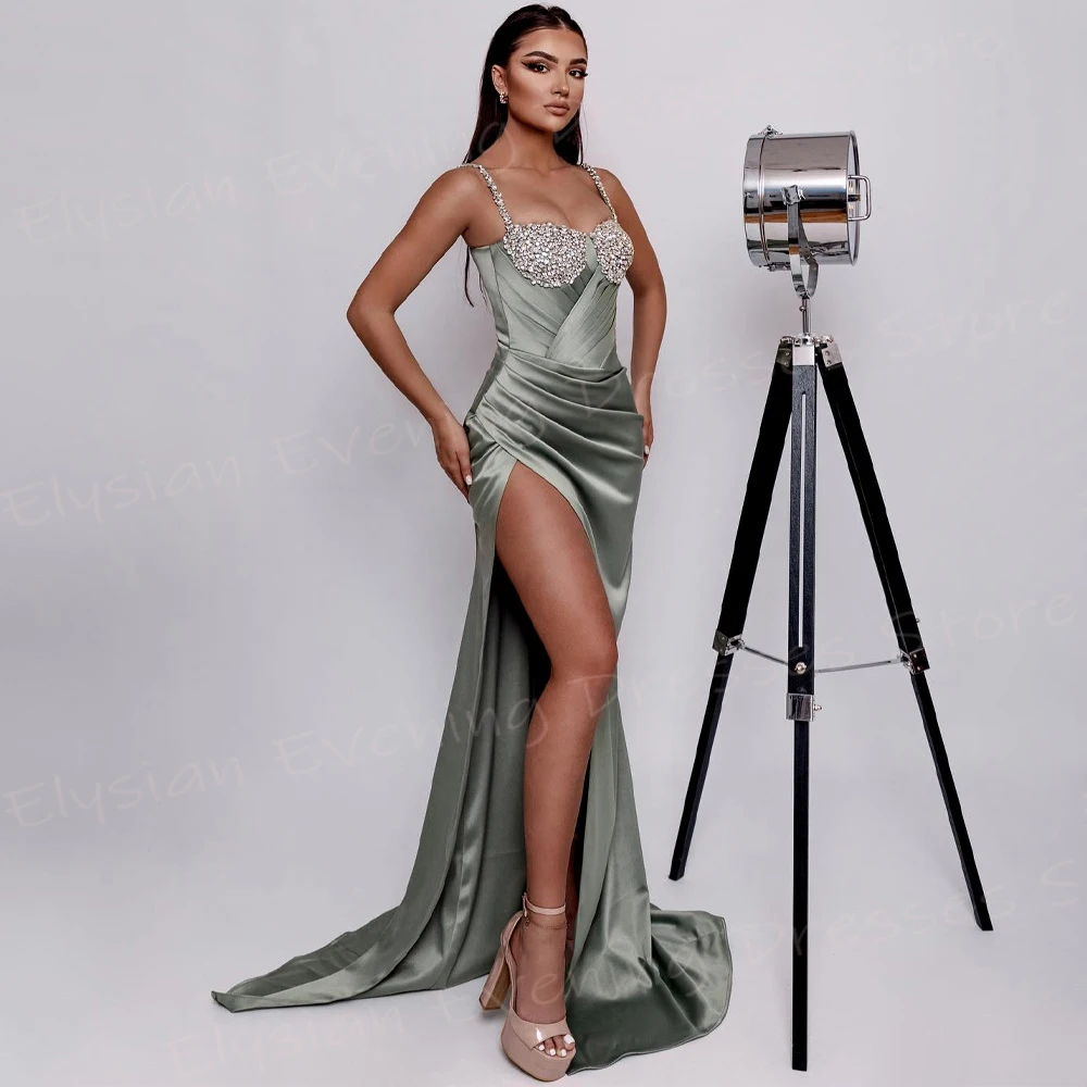 

Classic Green Women's Mermaid Sexy Evening Dresses Spaghetti Strap Beaded Prom Gowns Charming Side High Split Vestido De Noche