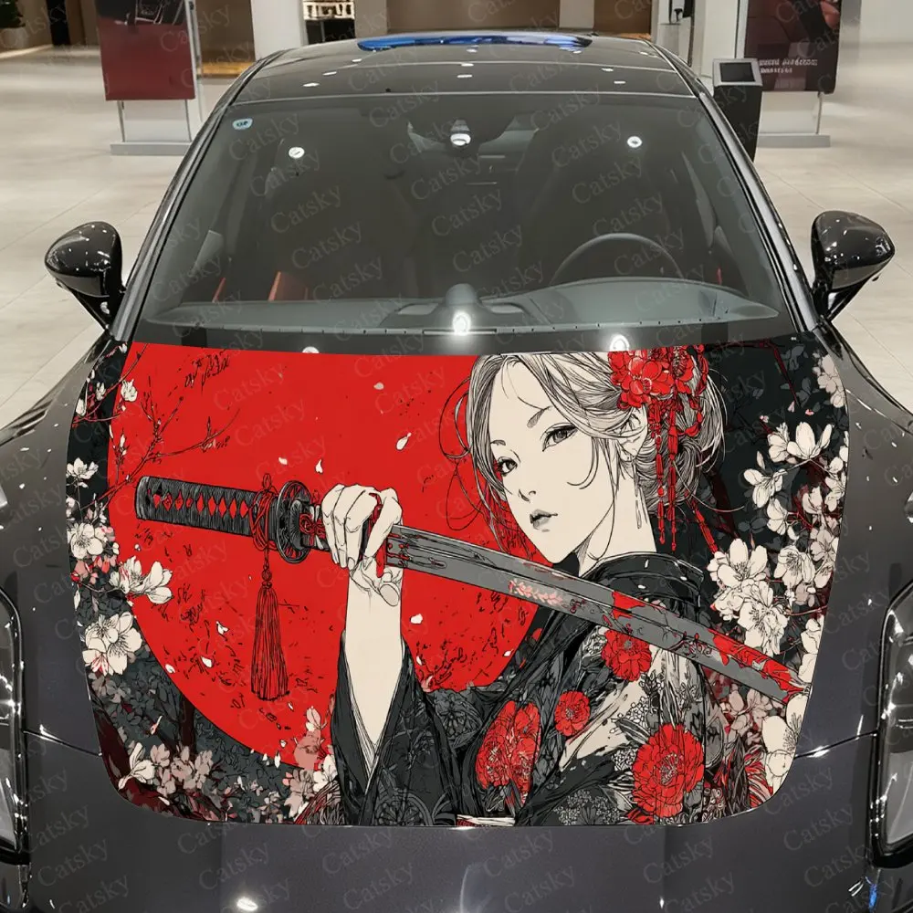 

Red Moon Sword Princess Japanese Style Art Pattern PVC Car Hood Wraps, Self-Adhesive Waterproof Car Bonnet Decal Sticker, Car De