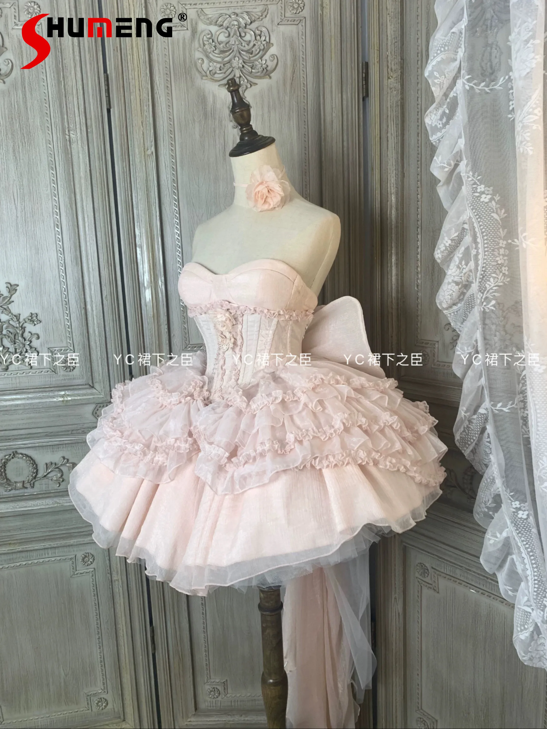 

Elegant High-end Sweet Girl Princess Birthday Party Dresses Sleeveless High Waist Slim 3D Bow Lolita Puffy Short Dress for Women