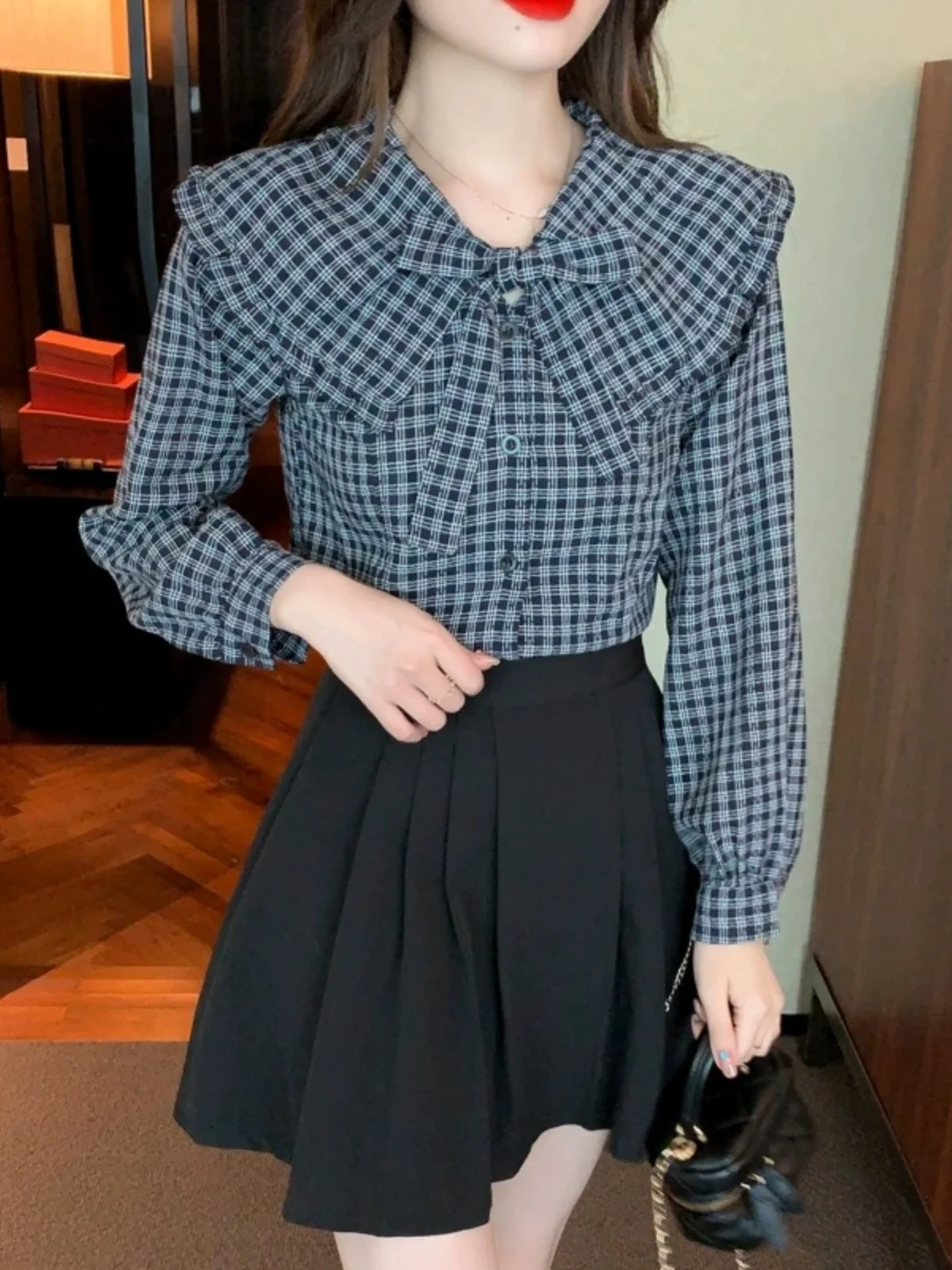 

Loose ort Plaid Doll Collar Knot Women's irt Spring Large Size plus Size Versatile Comfortable Breathable Korea...