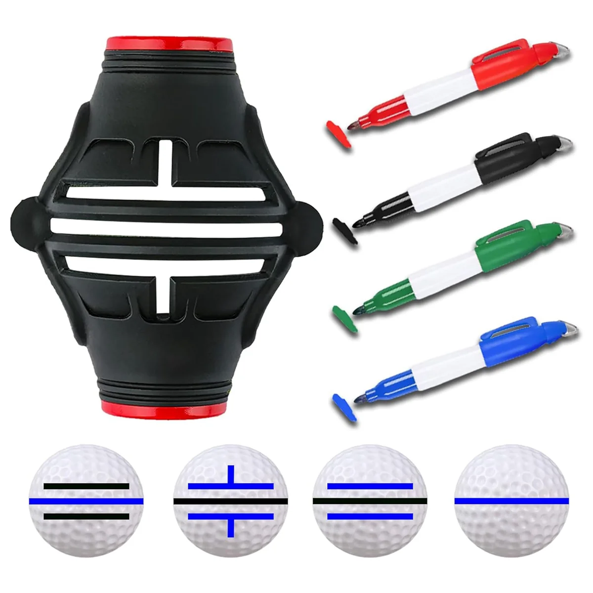 

Golf Ball Marker Stencil with 4 Color Marker Pens, 360°/180° Triple Line Golf Ball Markers, Golf Ball Liner