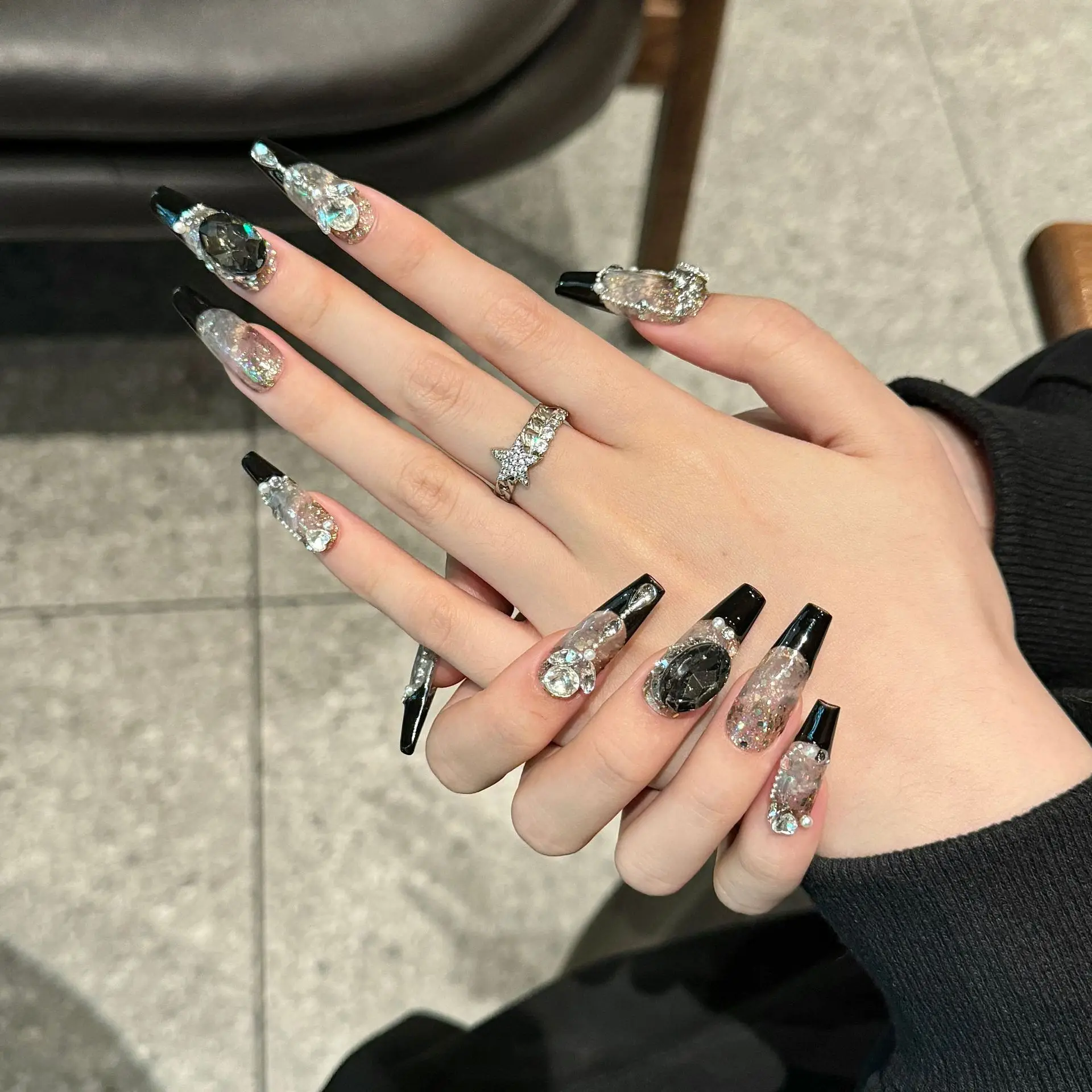 10 pièces noir Style français presse sur ongles à la main plein Flash strass décor faux ongles lumière luxe faux ongles pour les filles chaudes
