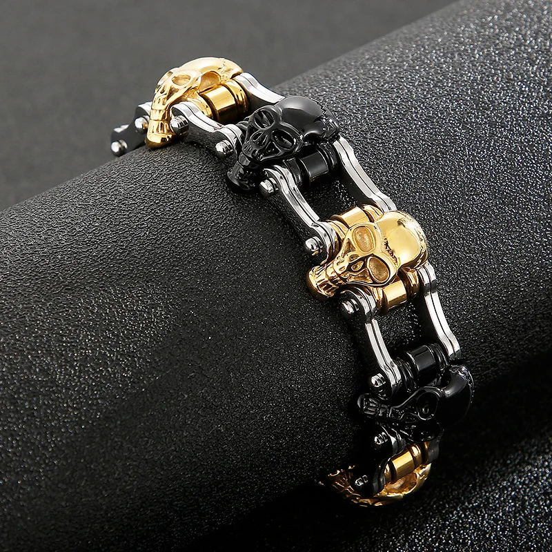 

High Quality Rock Huge Skull Bracelet Gold Black Men Stainless Steel Skull Chain Punk Hip Hop Curb Bracelet Jewelry