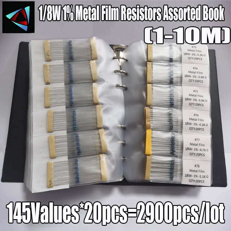 145Values 1/8W 0.125W 1% 1-10M Metal Film Resistors Assorted Pack Set Lot Book Kits