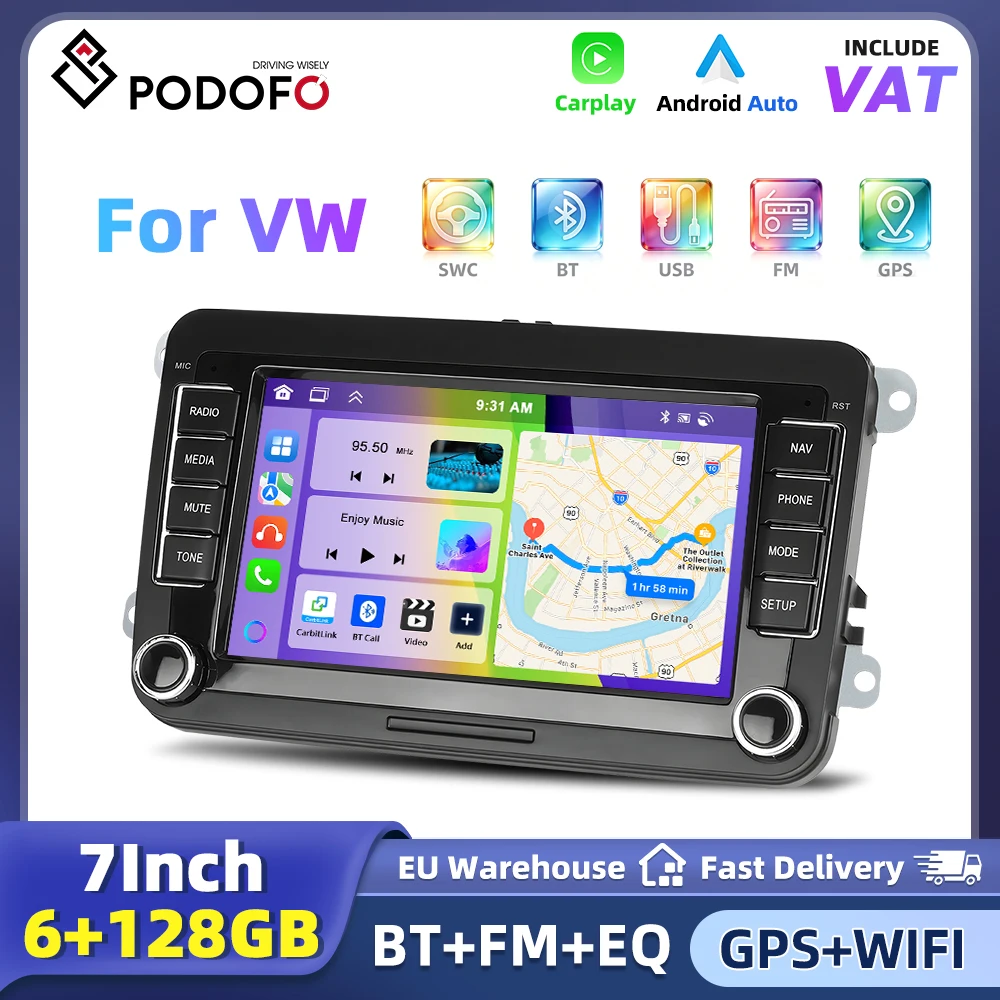 Podofo 7'' Android-Autoradio für Volkswagen Seat Skoda 6+128G Wireless Carplay Android Auto Intelligente Fahrzeugsysteme FM RDS EQ