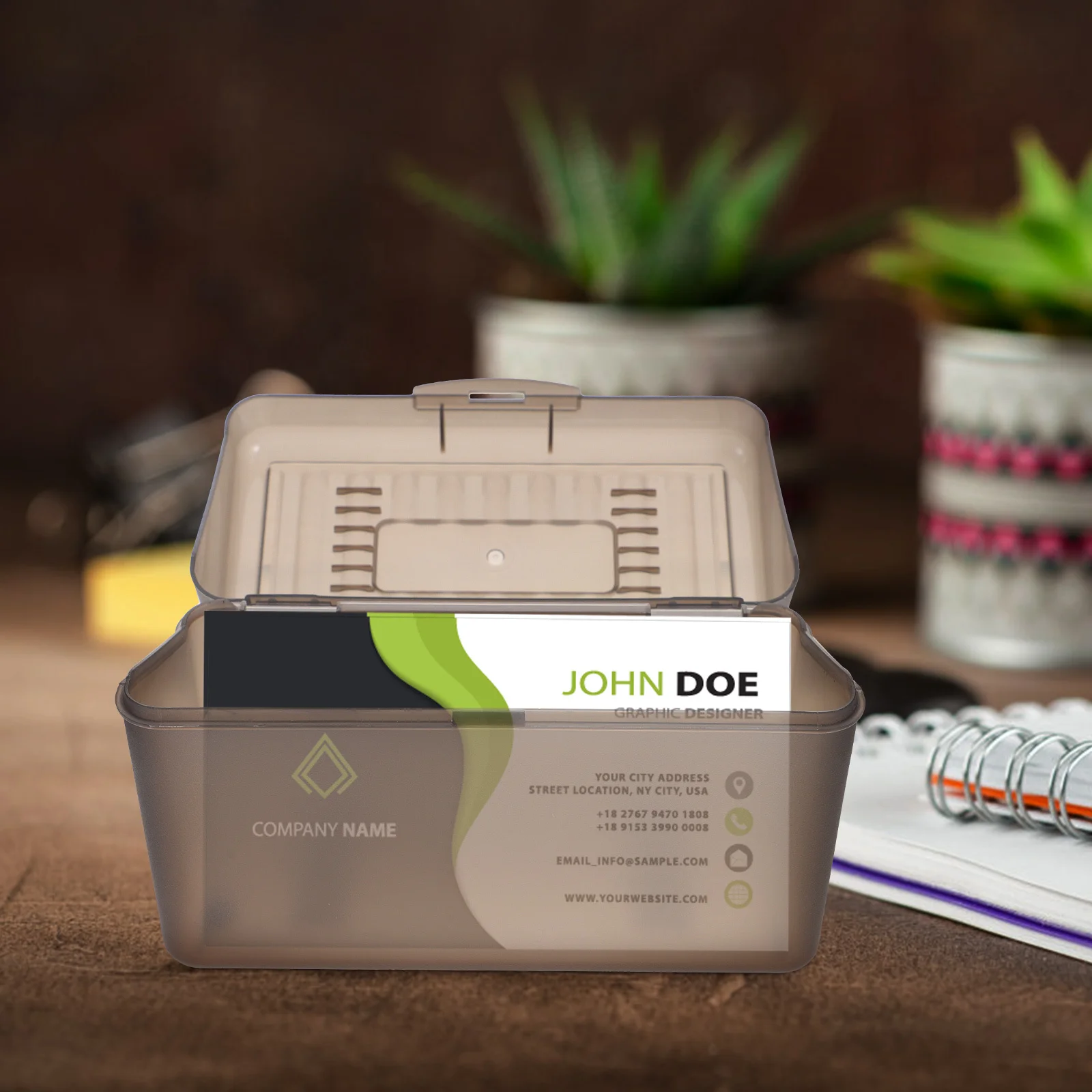 صندوق بطاقات العمل، مادة PP ممتازة، مستلزمات مكتبية متينة، منظم بطاقات سطح المكتب، تصميم أنيق، قاعدة غير قابلة للانزلاق، بطاقة عمل