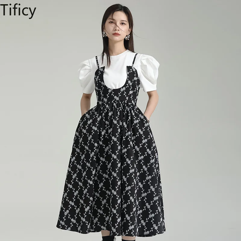 TIFICY-vestido Floral francés para mujer, vestido de princesa fugitivo con dobladillo grande y cintura dorada, verano 2024