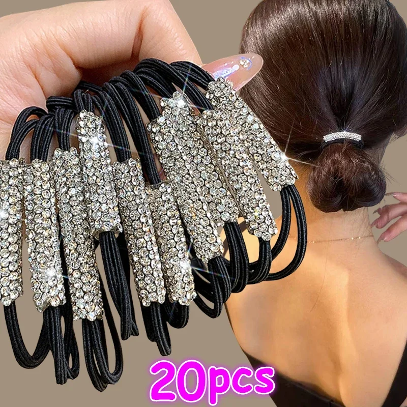 1/20 Uds. Bandas de goma brillantes con diamantes de imitación para mujer, bandas para el cabello negras con diamantes sin costuras, cuerdas elásticas para el cabello, accesorios para el cabello de moda 2024