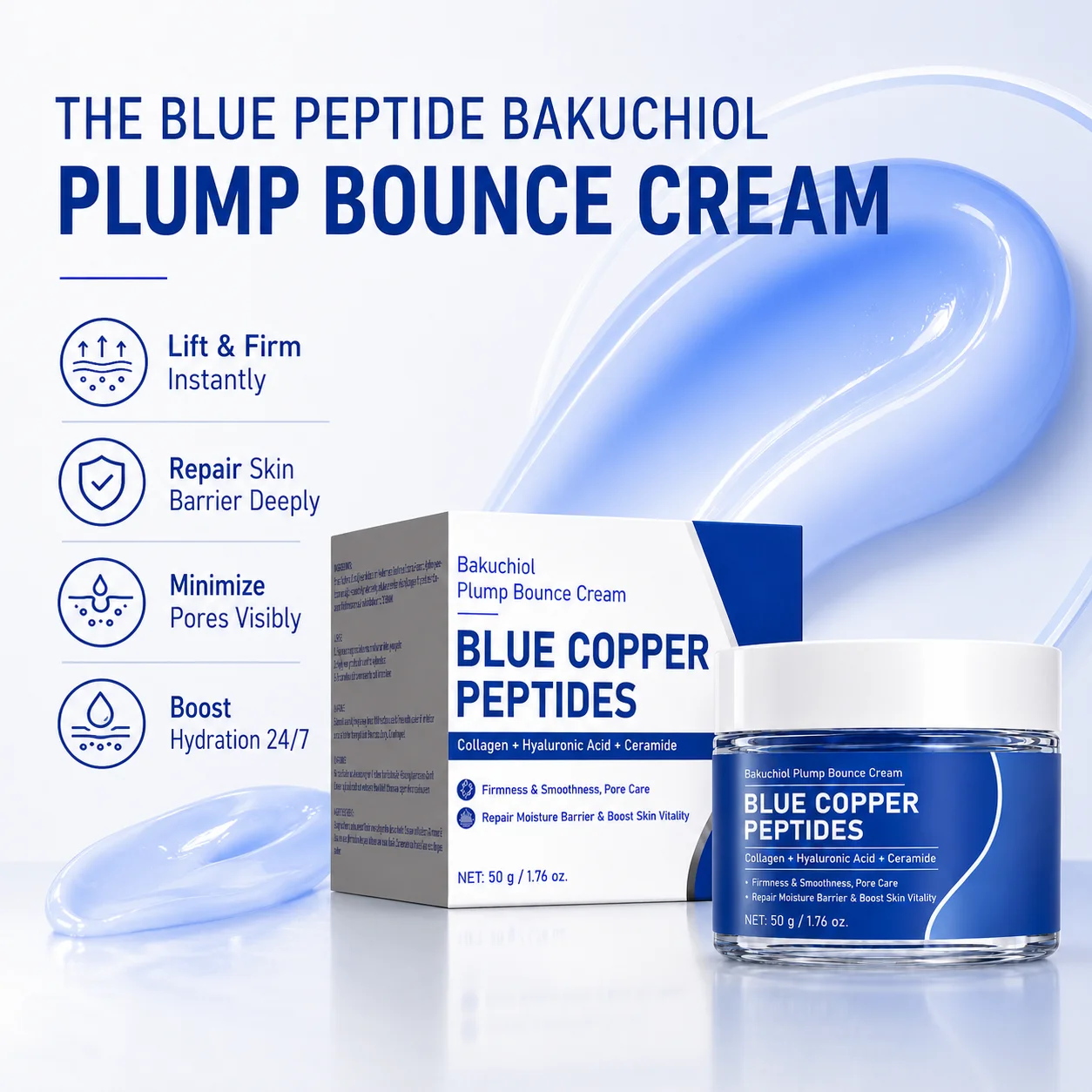 50g Blue Peptide Bakuchiol Plump Bounce Cream Firming Anti Aging Face Cream for Glass Skin Barrier Repair