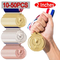 50-10PCS Trophy Pattern Award Medal 2 Inches Gold Silver Bronze Round Winner Medal with Neck Ribbon for Kids School Sports Match
