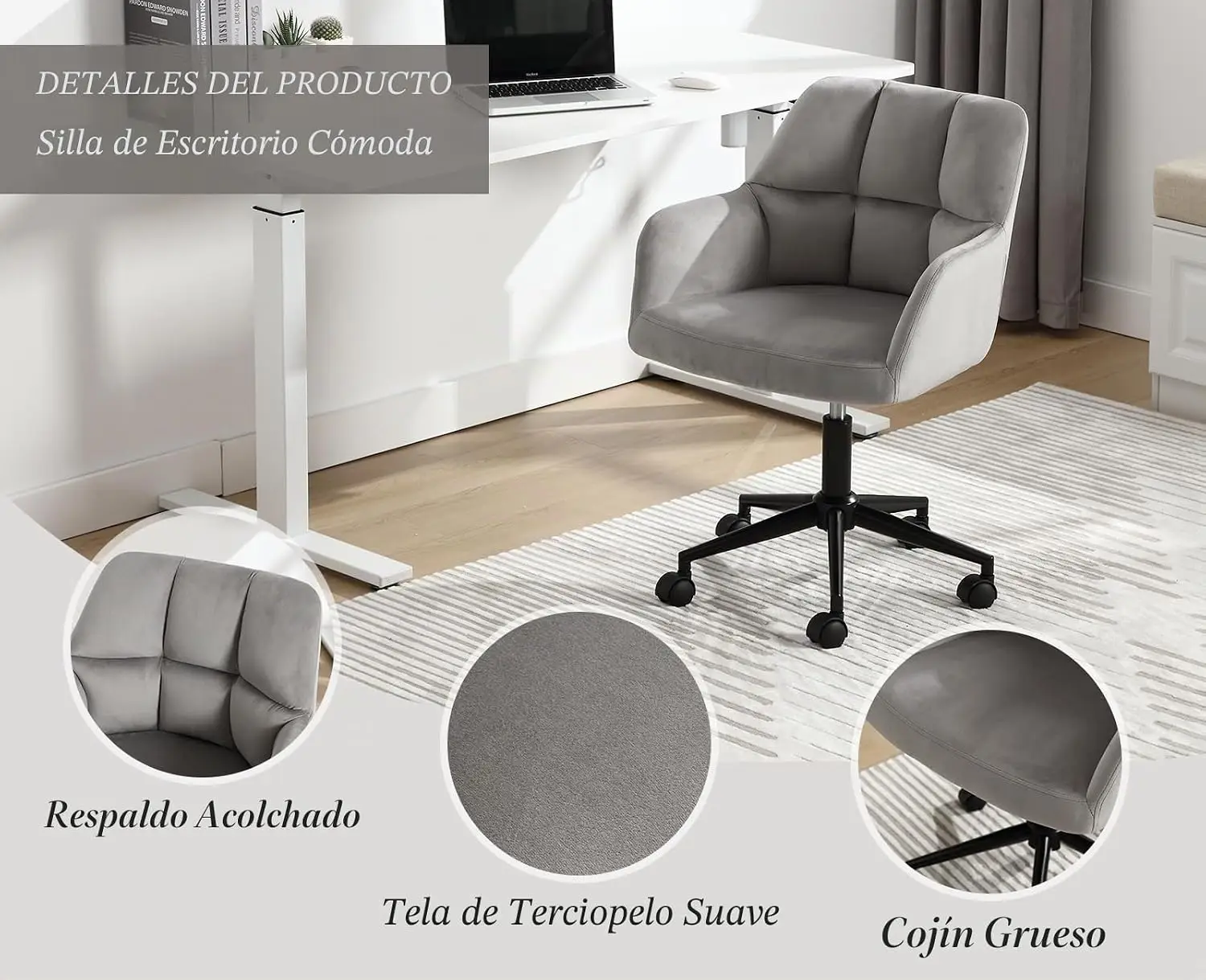 Sedia da Ufficio Ergonomica Chairus Grigia con Ruote, Girevole in Velluto, Cuscino Spesso, Altezza Regolabile, Facile Montaggio per Casa, Studio e Uff