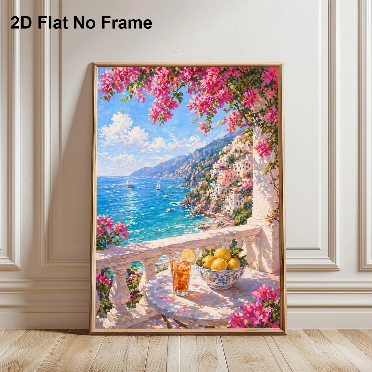 2D Flat, 2D Flat, 2D Flat 1pc Frameless Canvas Poster Mediterranean Seaside Balcony View with Pink Flowers Lemon Bowl And Ice