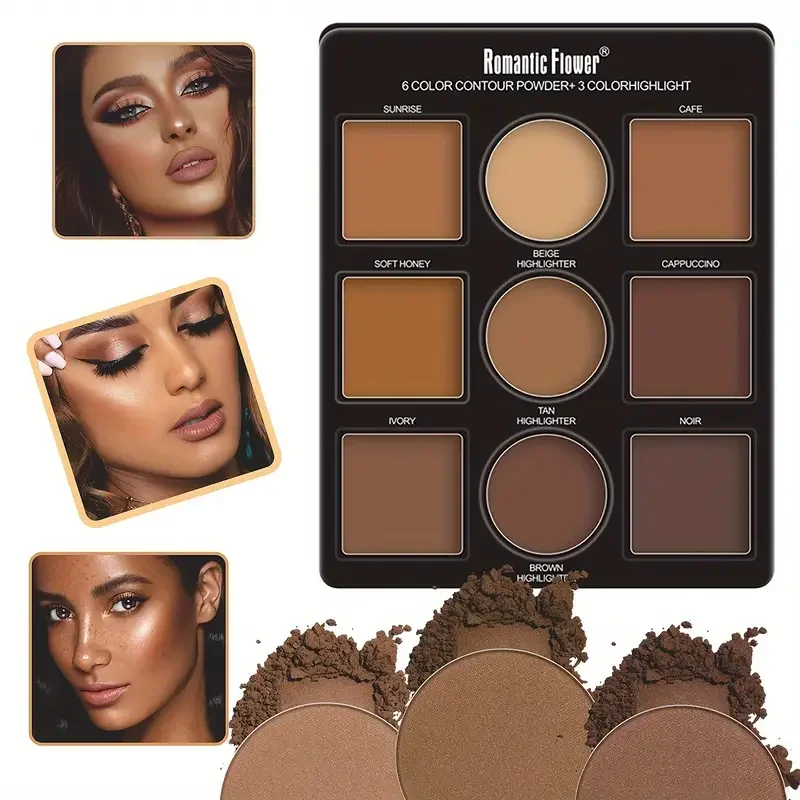 Paleta de polvo bronceador de alto brillo, 9 colores, sombra lateral, sombra de nariz, resistente al agua, a prueba de sudor, herramientas de maquillaje