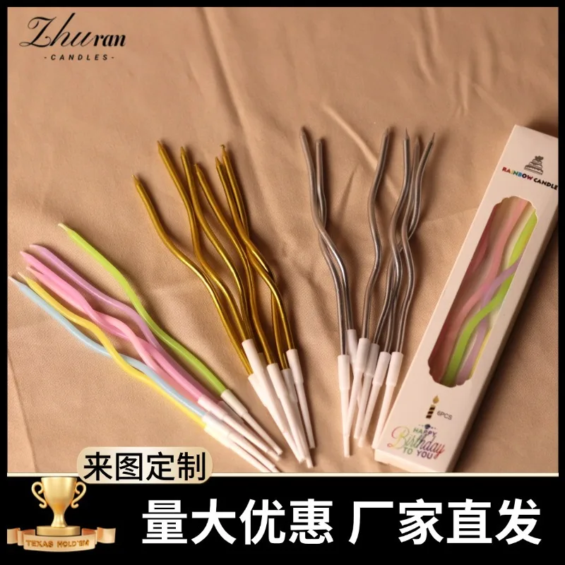 Gold Colorful Curved Spiral Birthday Candles, 6 Pcs Boxed Cake Decorations, Party Baking Supplies