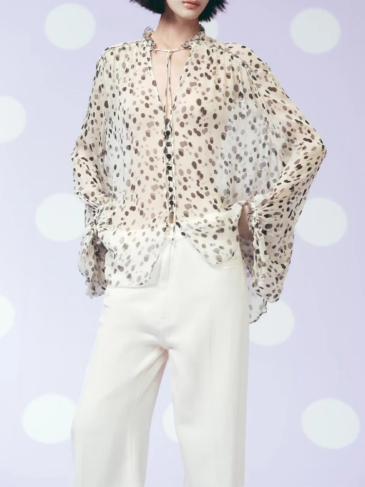 

European style new women's fashion versatile temperament simple long-sleeved tie polka dot V-neck shirt