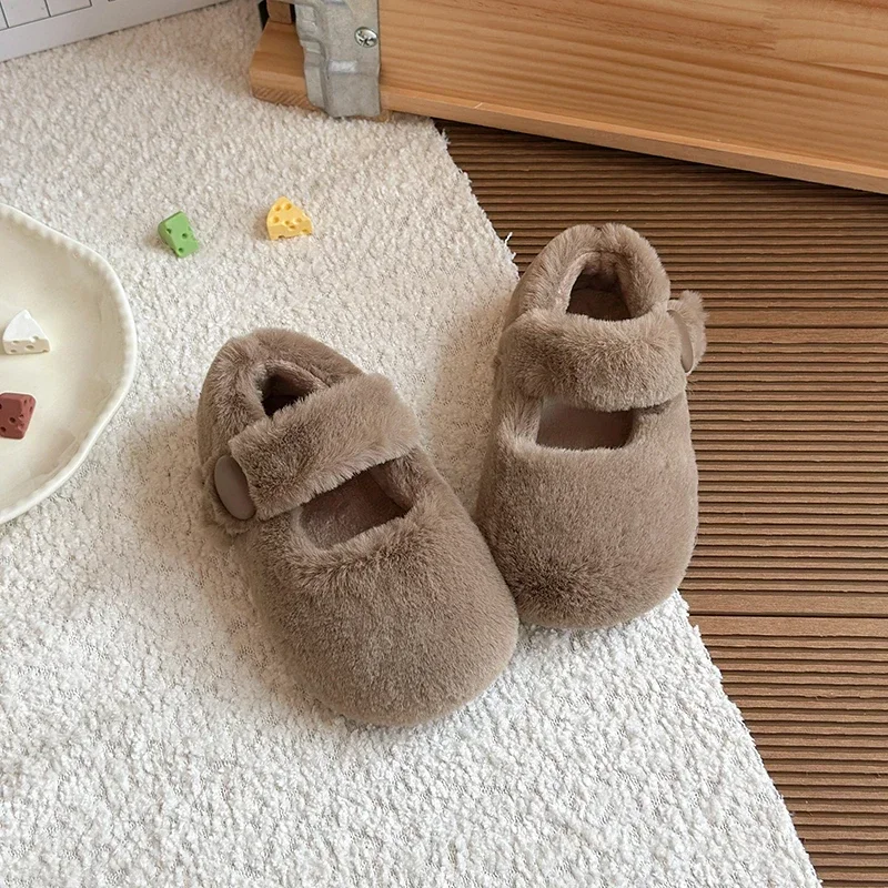 Toddler Girls Furry Mary Jane Shoes, Warm Fleece Lined Baby Flats, Adjustable Strap Non Slip Sole Winter Footwear for Daily Wear