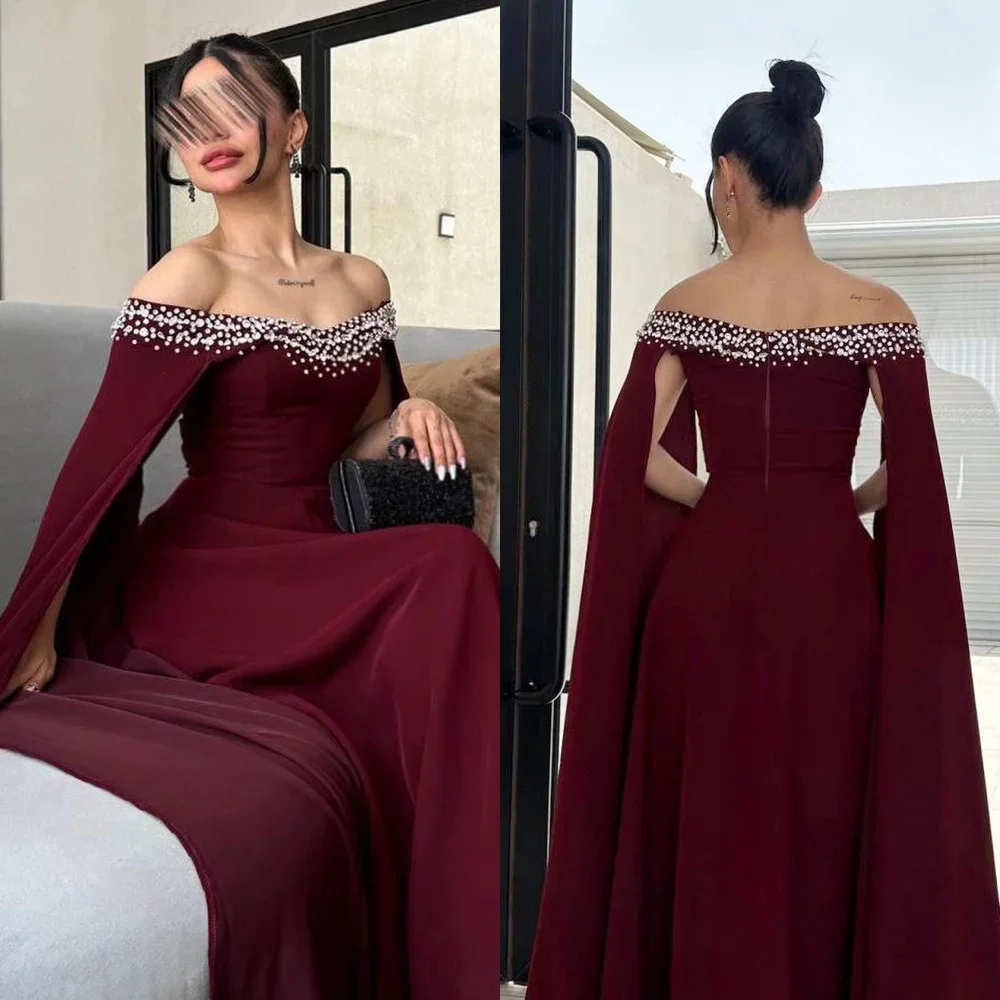 Vestidos de fiesta Borgoña con cuentas hasta el suelo, vestidos de noche con hombros descubiertos, vestidos de fiesta de boda sin mangas saudíes, vestido personalizado