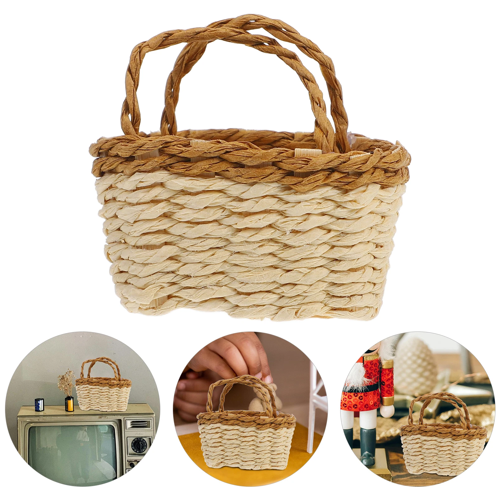 

2pcs Mini for Dollhouse Decorative Mini Woven Small Storage Handmade Paper Rattan Baskets Natural Woven Tray Miniature