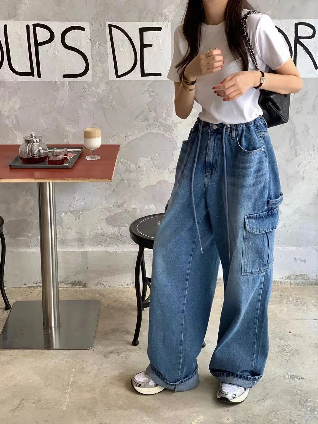 Retro Faded Blue Denim Long Pants Women's Sweet Cool Neutral Style Drawstring Waist Wide Leg Slimming Floor-Length Pants