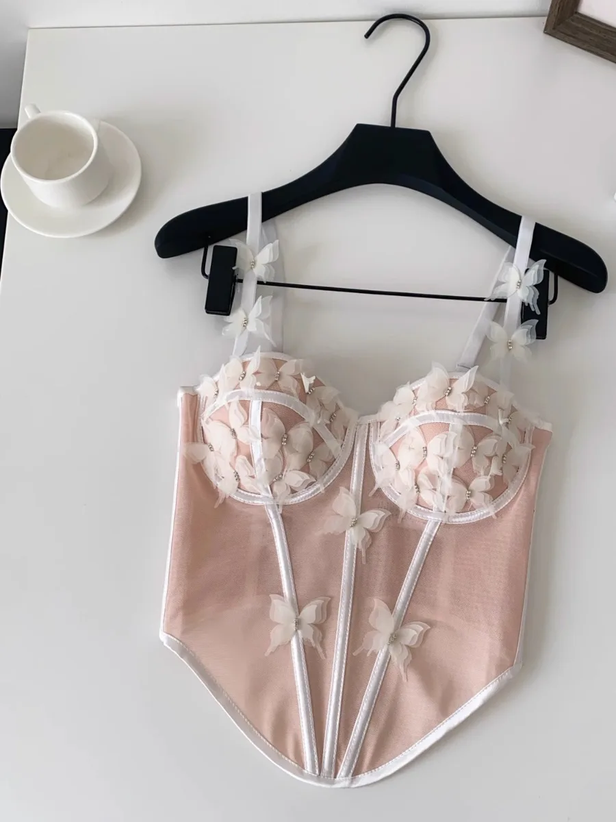 Foamlina Trendy Mesh Fishbone Farfalla Corsetto a fascia Top Donna Vintage Francese Romantico Estetico Ragazza Crop Top Vest Camis