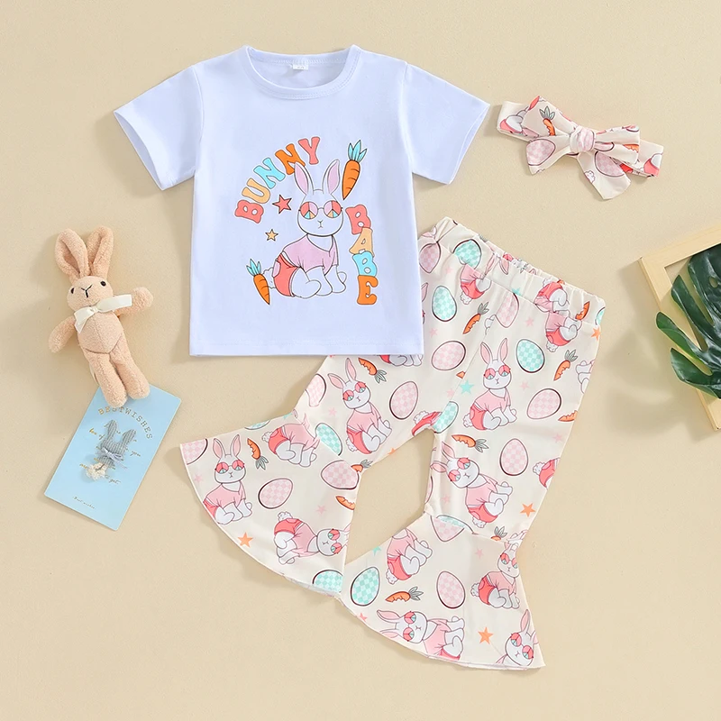 Set atasan dan celana lengan pendek motif Kelinci Paskah dengan bando yang cocok untuk anak perempuan, Set pakaian cetak telur dan wortel