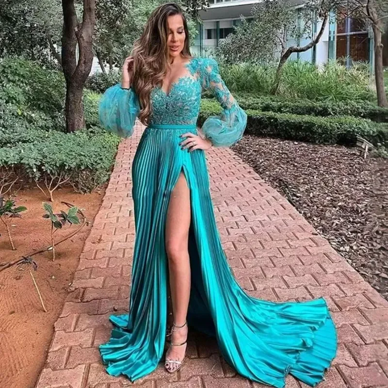 

Hunter Evening Dresses Elegant Illusion Long Sleeves Prom Dress for Special Occasions Appliqued Lace Split Pleats Customized