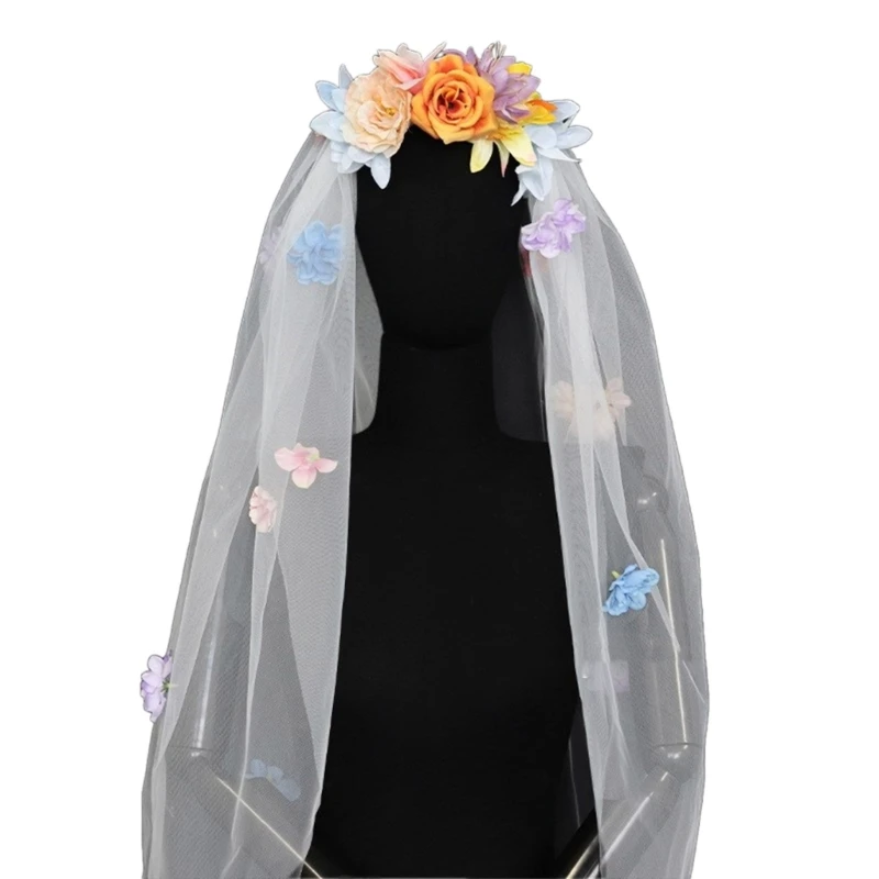 Pastoral Bride Veil Single Layer Tulles Bachelorettes Party Wedding Veil with Realistic Flower for Taking Photo