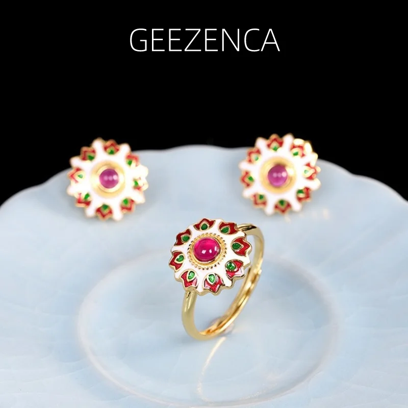 

GEEZENCA S925 Silver Red Corundum Enamel Jewelry Sets Stud Earrings Ring For Women Vintage Trendy Fine Jewelry 2021 New Gift