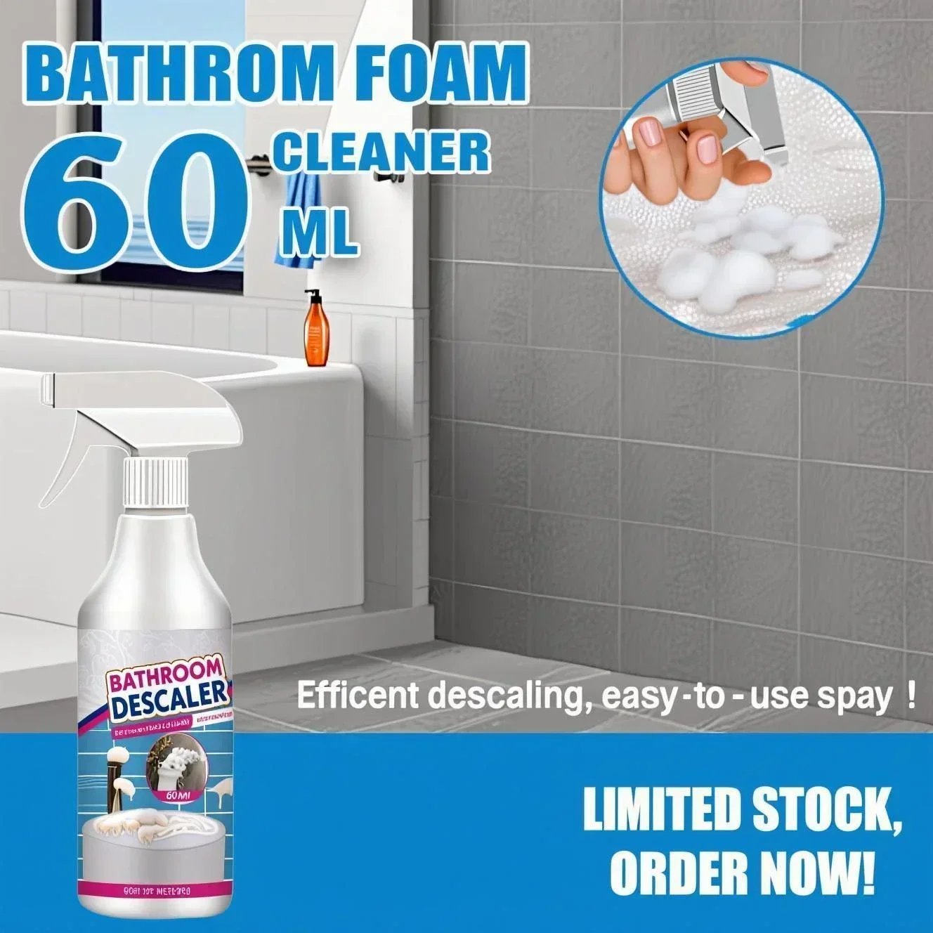 2025 new Bathroom Descaler Foam Cleaner 60ml - Fast Acting Rust & Stain Remover for Sink, Bathtub, Toilet, Faucet, Tile & Glass.