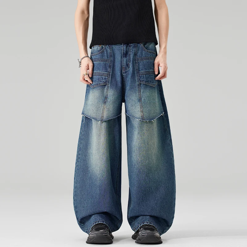 

Men's Jeans American Fashion Fake TwoPiece Split Scythe Design Denim Long Pants Washed Blue Baggy Casual Trousers