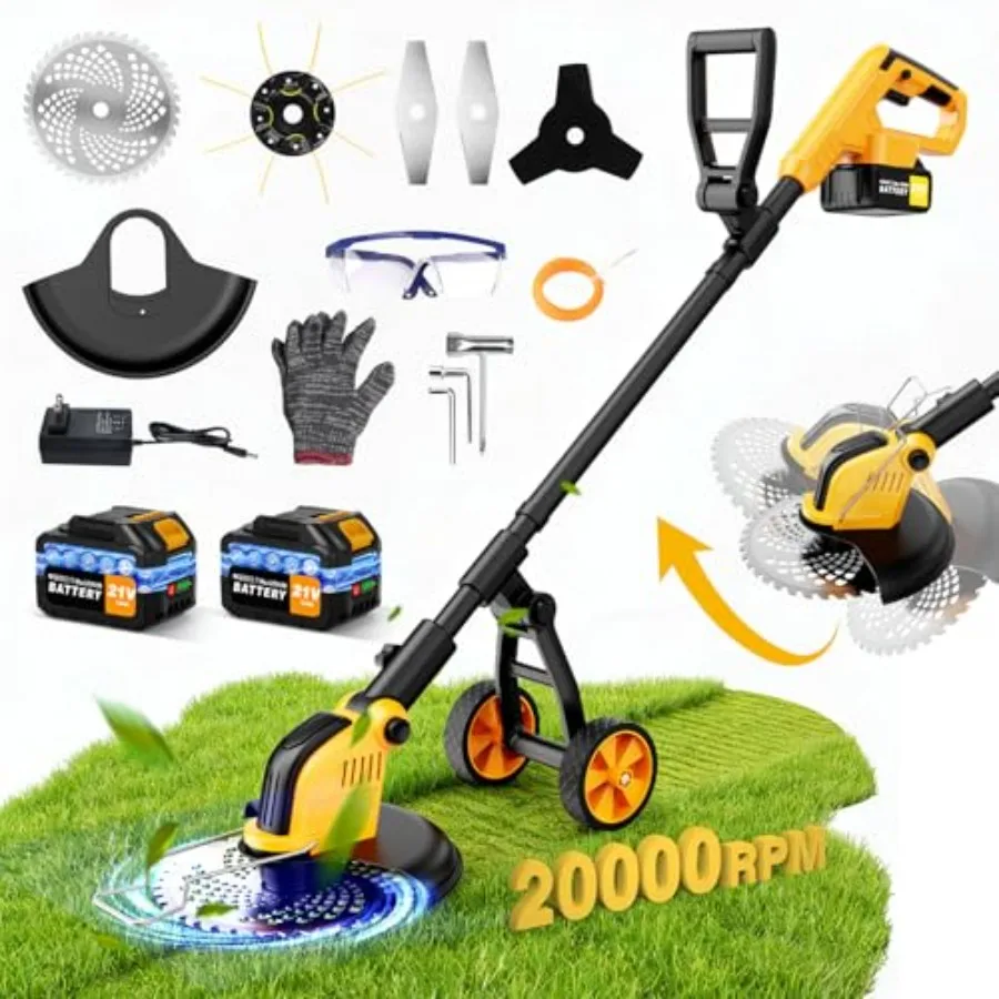 20000RPM Electric Weed Wcker Bttery Powe 6000mh, 800W Brushless Weed Eater with Wheels, 4-in-1 Brush Cutter/String Trimmer/Gras