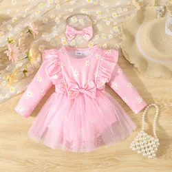 0-18 Months Baby Girl Ruffled Bow Tulle Long sleeved Bodysuit+Headband Baby Girl Autumn Fashion Bodysuit Cute Baby Crawling Suit