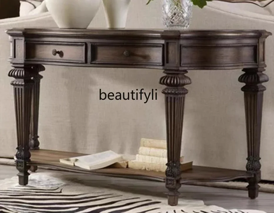 

French retro solid wood entrance table American antique and old carved foyer cabinet European and American decorative c