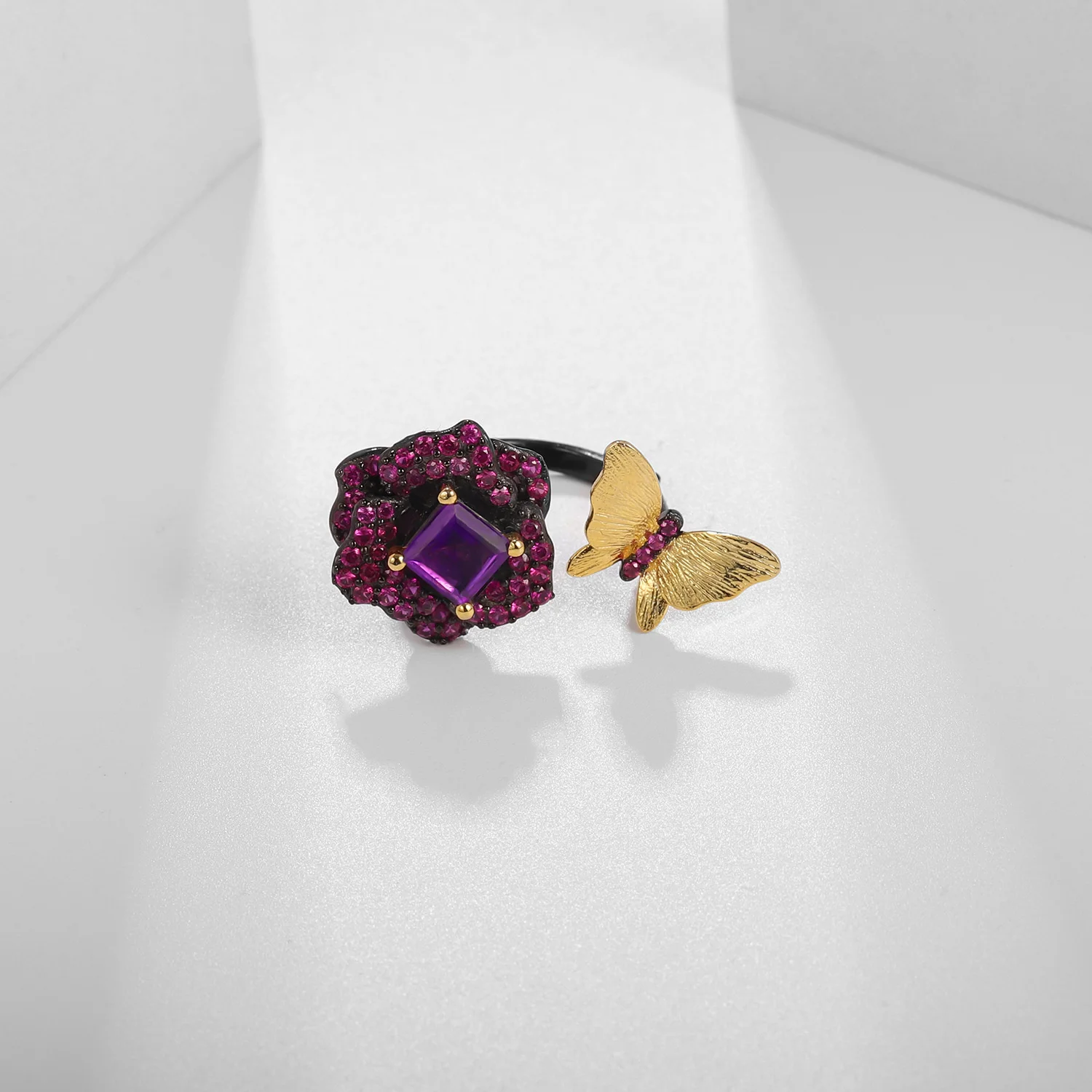 Luxury brand genuine real jewels Designer's Amethyst Natural Wind Butterfly Flower Design 925 Silver Opening Adjustable Ring hig