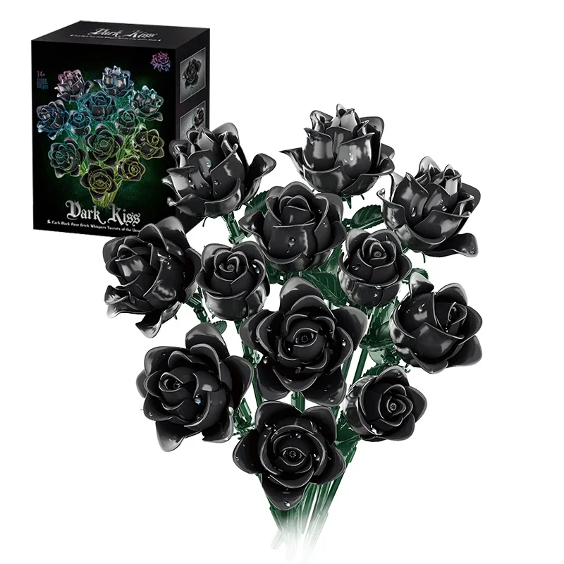 12PC Schwarze Rose Bausteine Pflanzenstrauß Simulierte Rosen Blumen Gothic Dekoration Home Display Urlaub Geschenke Kinder Spielzeug