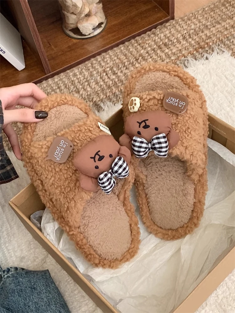 Women Home Slippers Indoor Anti Slip Cute Floor Shoes Women's Bow Bear Fur Slippers Winter One-piece Household Cotton Slippers