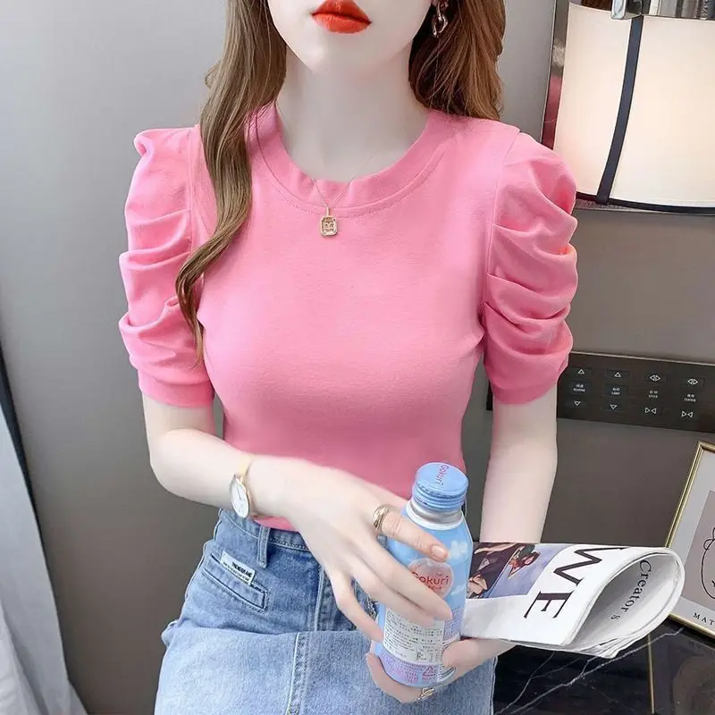 Summer New Solid Color Fashion Short Sleeve T-shirt Women High Street Round Neck Pullovers Elegant Pleated Pure Cotton Slim Tee