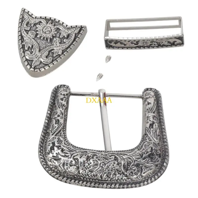 DXAA 3Pcs Antique Floral Designing Waistband Buckle Western Cowboy Belt Buckle Set