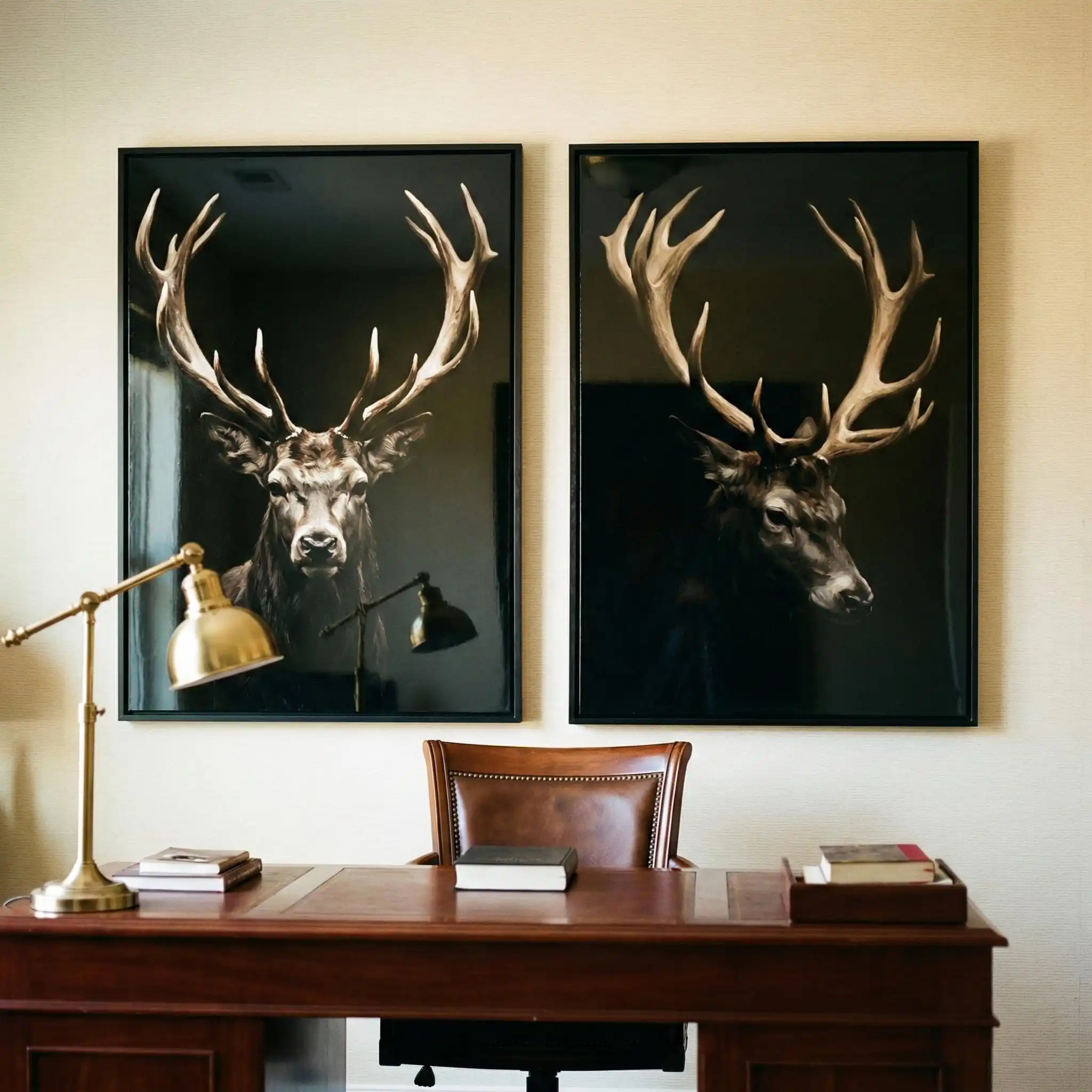 Moody Stag Wall Art Set of 2 Dark Forest Animal Decor Masculine Office Art Antler Wildlife Print Rustic Lodge Decor Wall Art