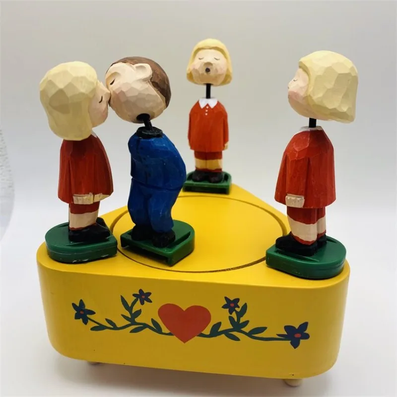 Solid Wood Carved Rotating Kiss Mouth Music Box, Birthday Creative Gift, Charging Bluetooth Speaker