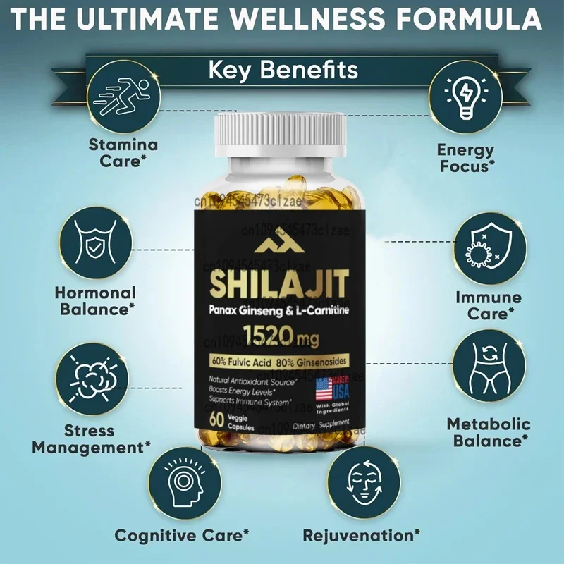 Pure Himalayan Shilajit Supplement 60% Fulvic Acid Made in The United States 85 Trace Minerals, Contains Ginseng and L-Carnitine