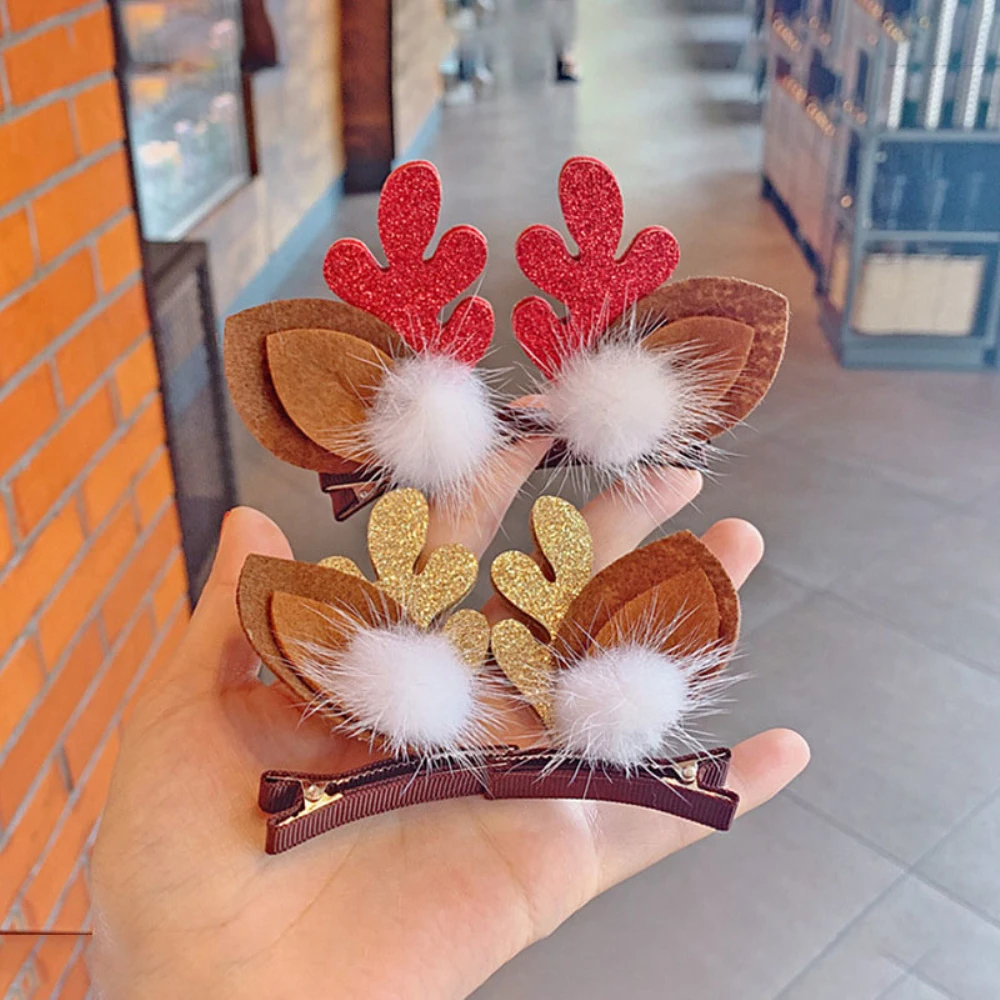 Horquilla de Navidad para mujer y niña, pasadores de dibujos animados de Papá Noel, muñeco de nieve, astas de alce, lindas pinzas para el cabello laterales de oreja de ciervo, tocado, 2 piezas por juego