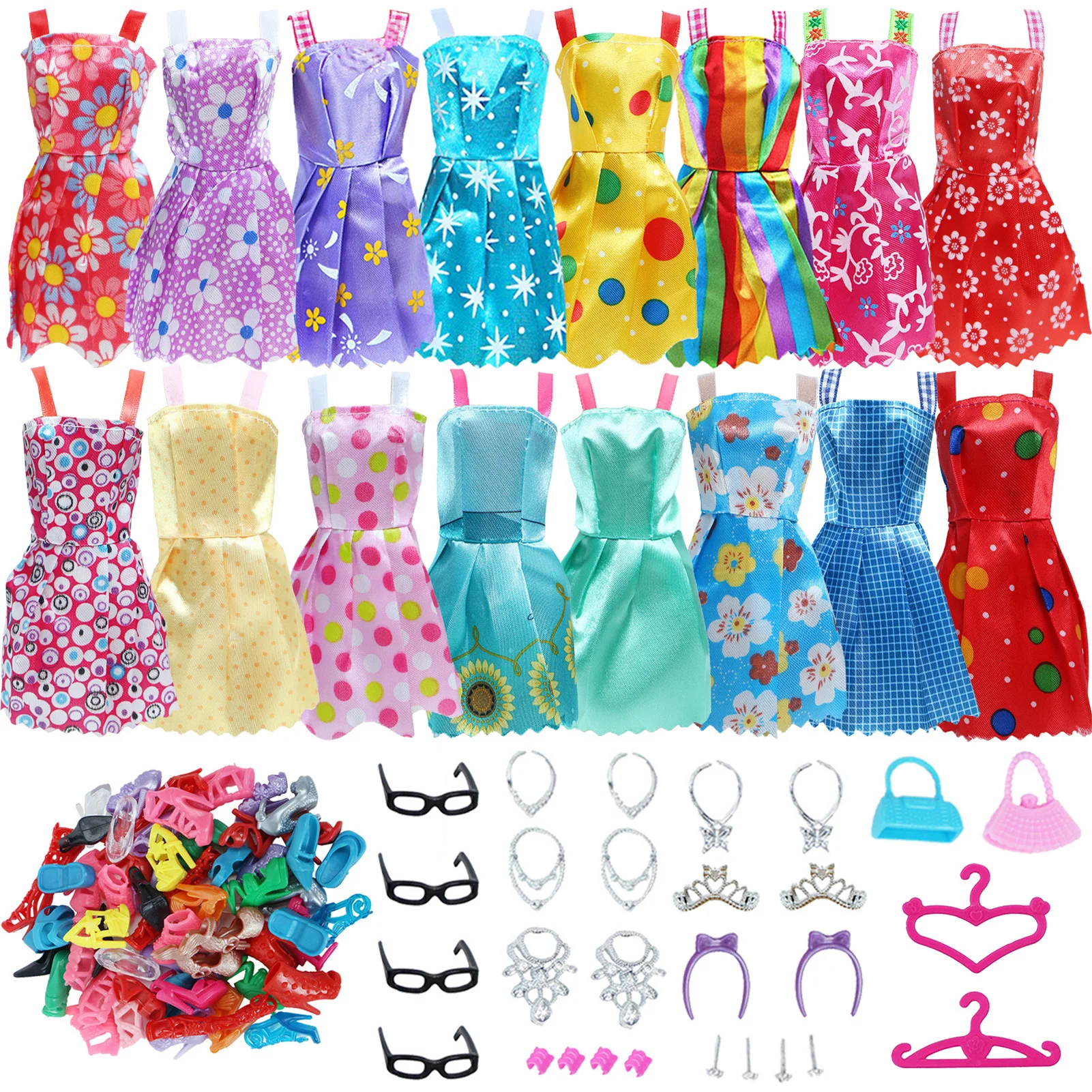 Girl Doll Clothes and Accessories Set with 8pcs Necklaces 2pcs Handbag 2pcs Hangers Girls Gift Age 4-6