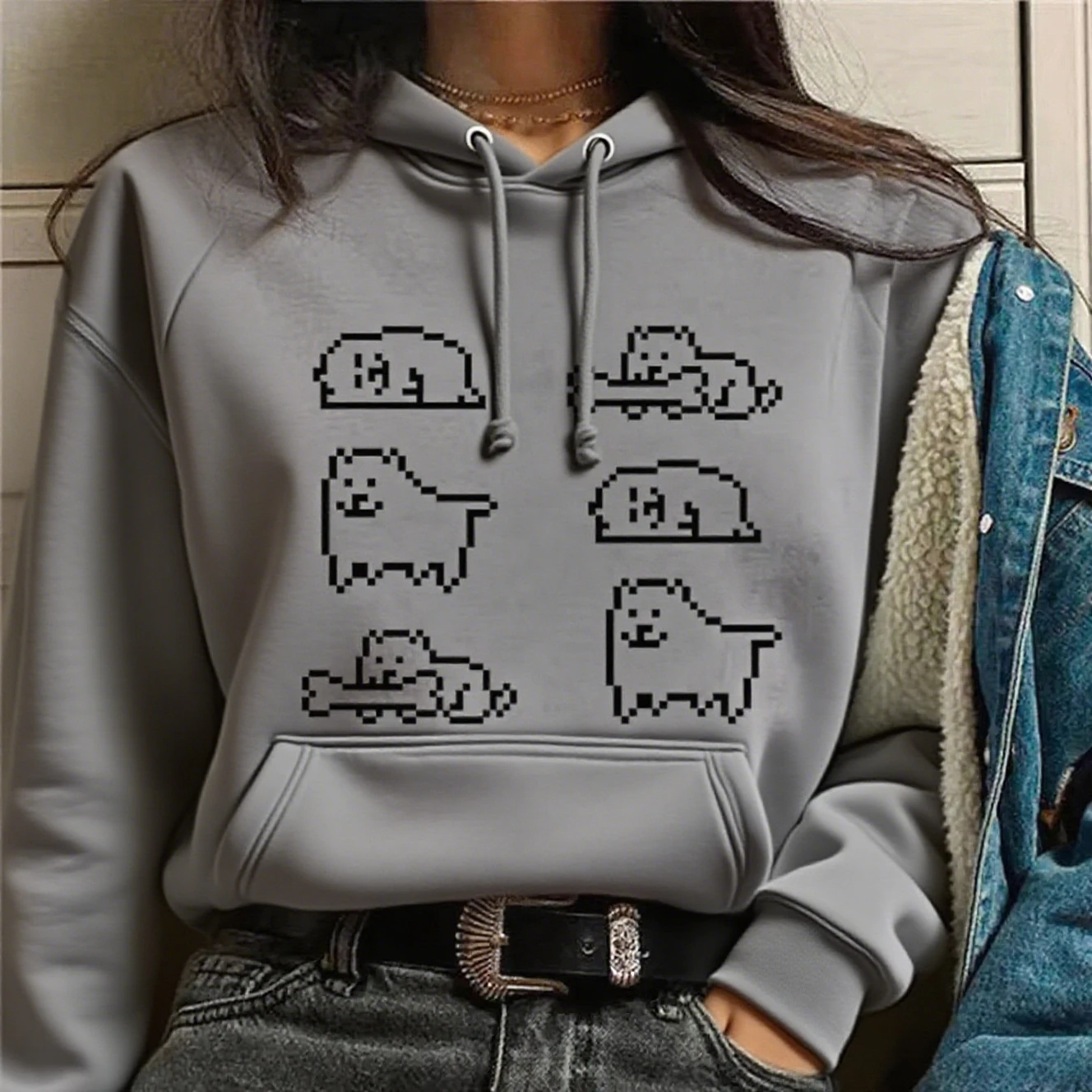 

Пиксельная собака с графическим принтом, осенние и зимние мужские и женские толстовки из чистого хлопка, повседневные брендовые уличные спортивные тренировочные бренды