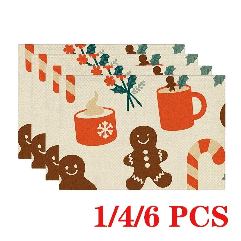 Retro Gingerbread Man Hot Cocoa Candy Cane Print Linen Placemats, Holly Berry Winter Holiday Pattern Table Mats for Xmas