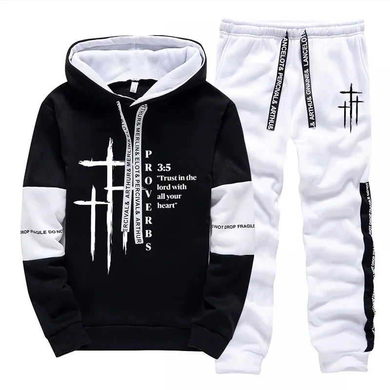 2026 New Arrival Men's Tracksuit Hoodie and Sweatpants 2pcs Set Autumn Daily Casual Sports Hooded Sportswear Cross Print Outfits